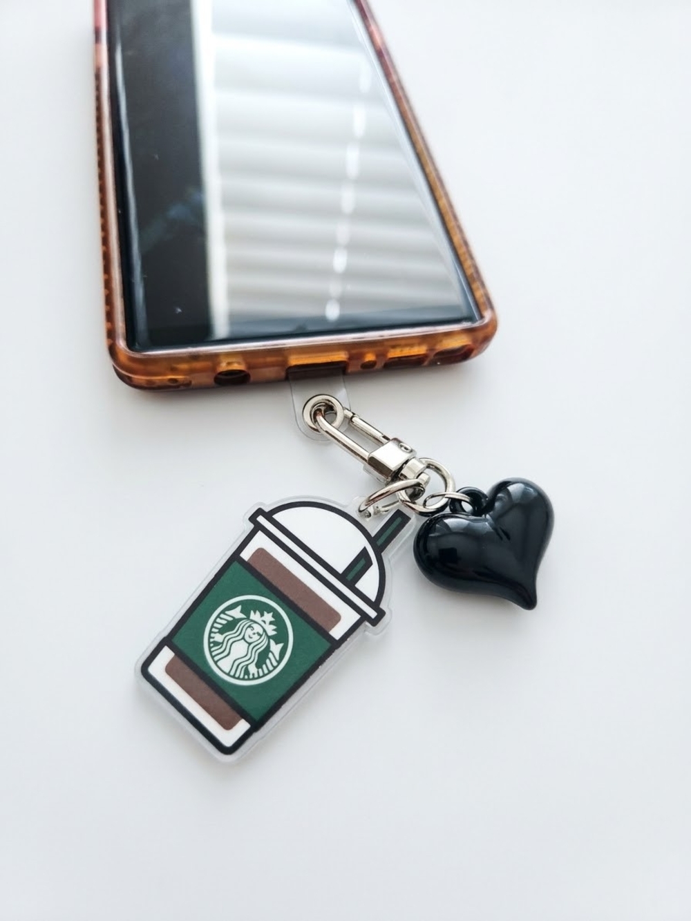 Starbucks Green & Black Coffee Cup Phone Charm with Black Heart